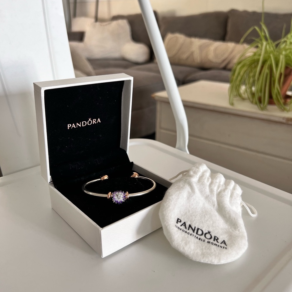 Authentic Pandora Stirling Silver and Rose Gold Bangle w/ Purple Daisy Charm